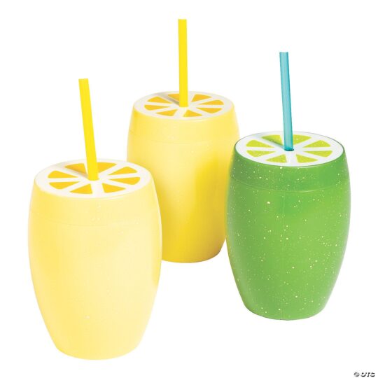 Lemon Plastic Cups with Lid & Straw