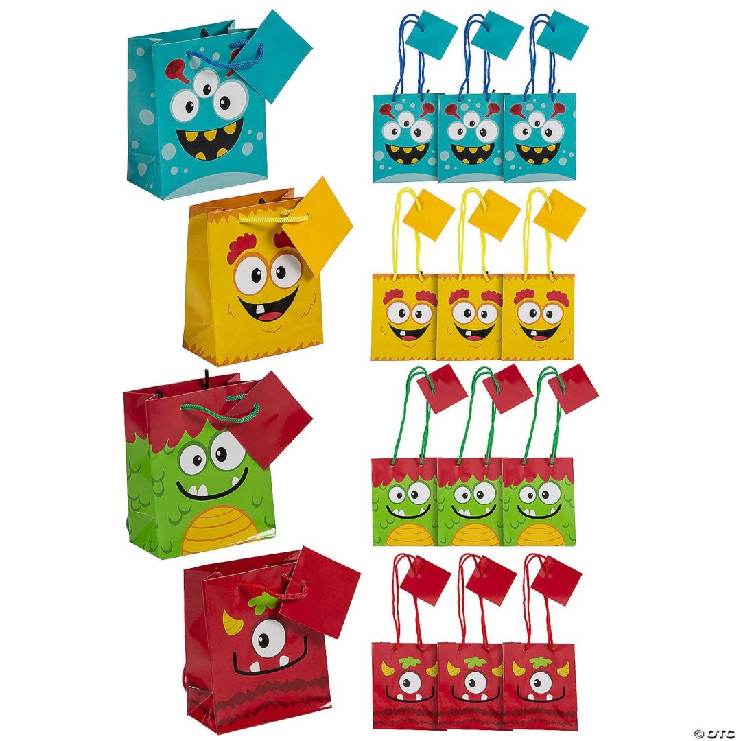 Small Monster Paper Gift Bags with Tags Pack of 12