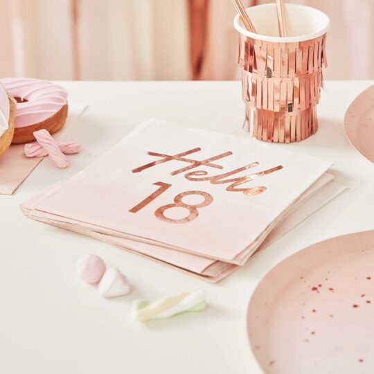 Hello 18th Birthday Party Napkins Rose Gold Pack of 16