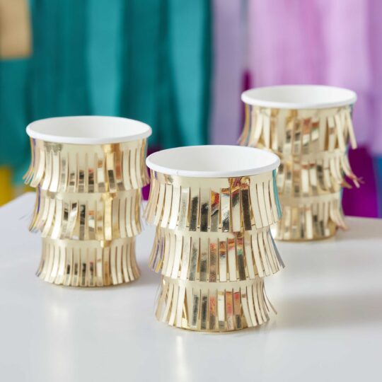 Fringed Gold Paper Party Cups Pack of 8