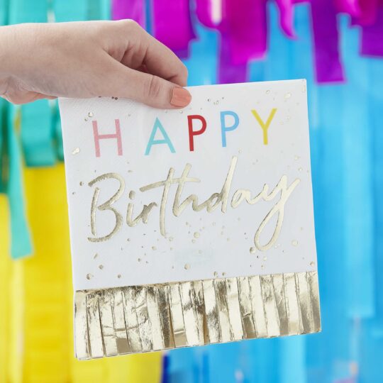 Happy Birthday Fringed Gold Napkins Pack of 16